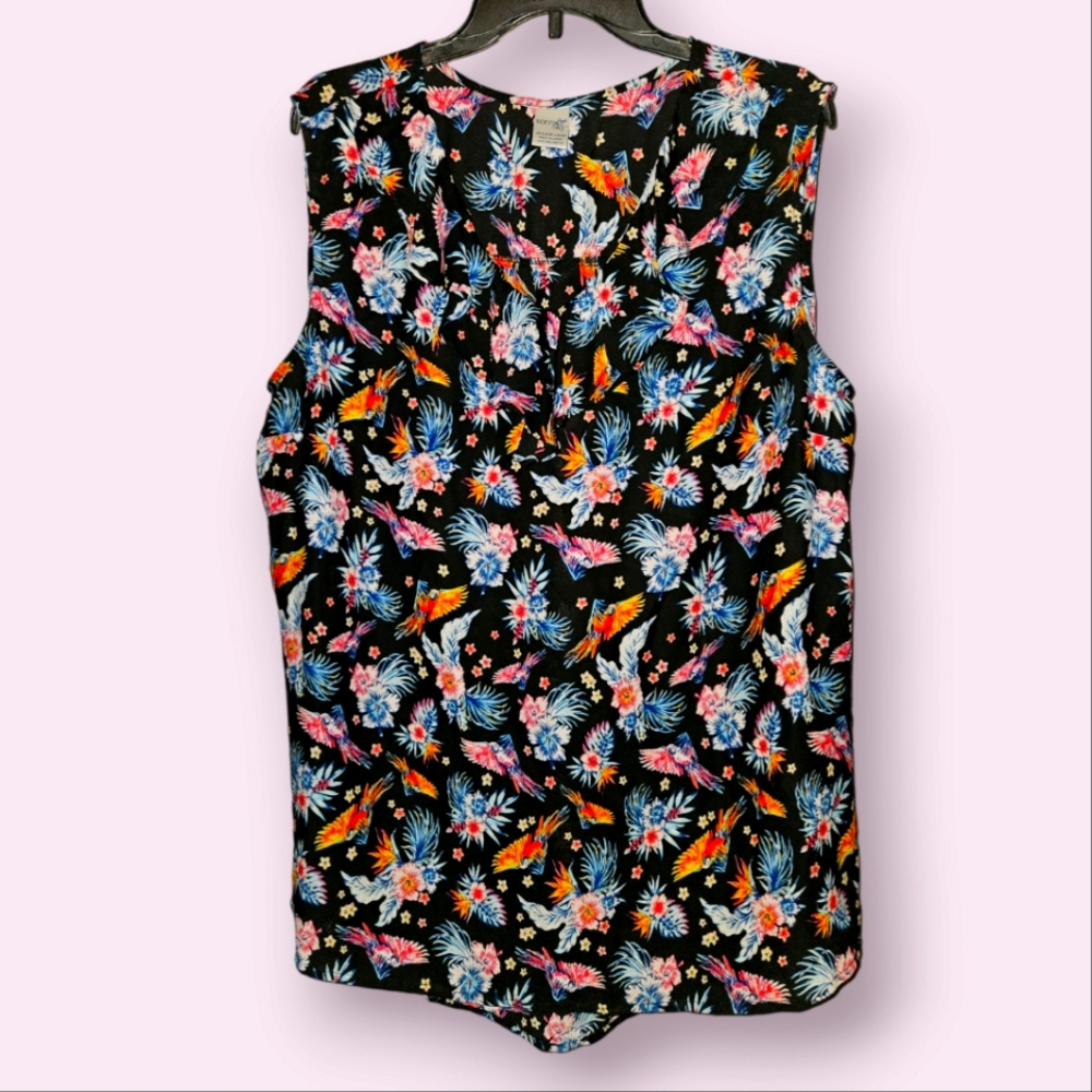 1X Terra & Sky tropical print ruffle blouse